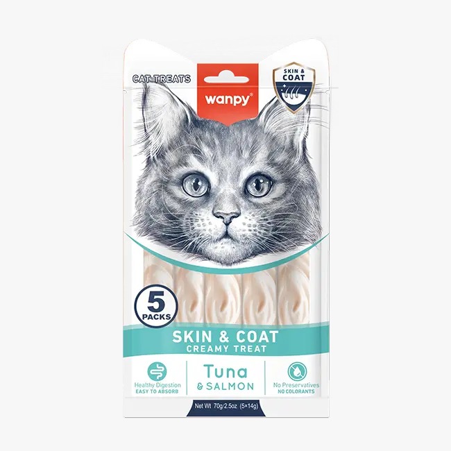 Wanpy Medicated Creamy Cat Treat Skin & Coat Tuna & Salmon 70gm (5×14gm)