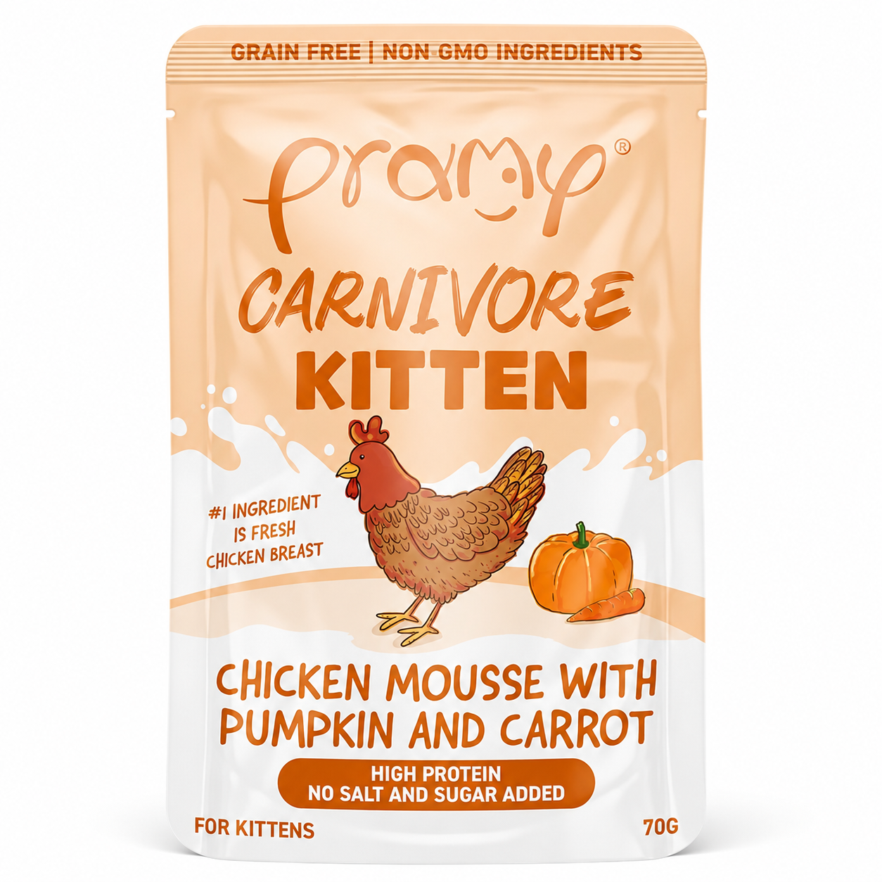 Pramy Carnivore Pouch Chicken Mousse with Pumpkin & Carrot for Kittens 70gm