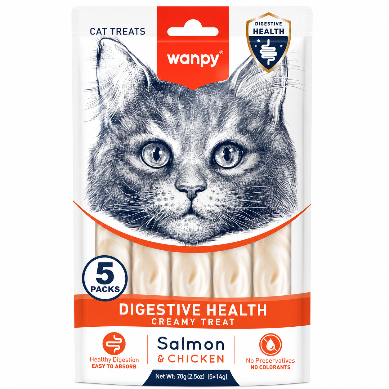 Wanpy Medicated Creamy Cat Treat Digestive Health Salmon & Chicken 70gm (5×14gm)